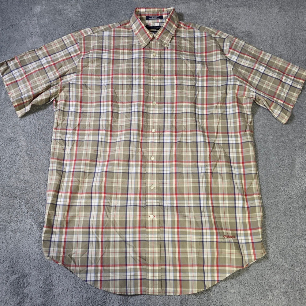Daniel Cremieux Mens L Short Sleeve Button Down Shirt Tan Red Plaid Italian Fab